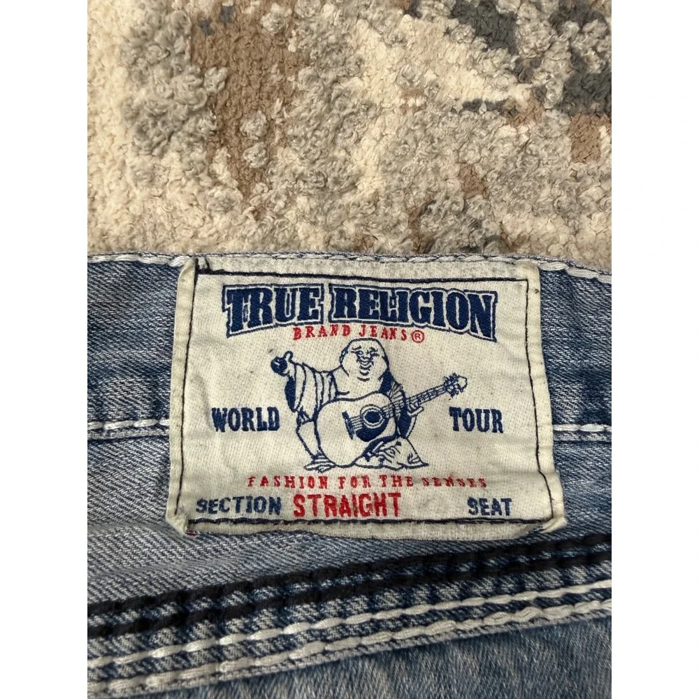 True Religion Straight Leg Jeans Mens 38 Medium‎ Wash White Contrast Stitch Y2K
